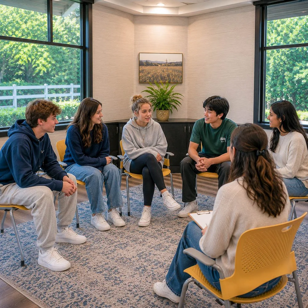 Teens participating in group therapy at Guide Behavioral Health in Menlo Park, California