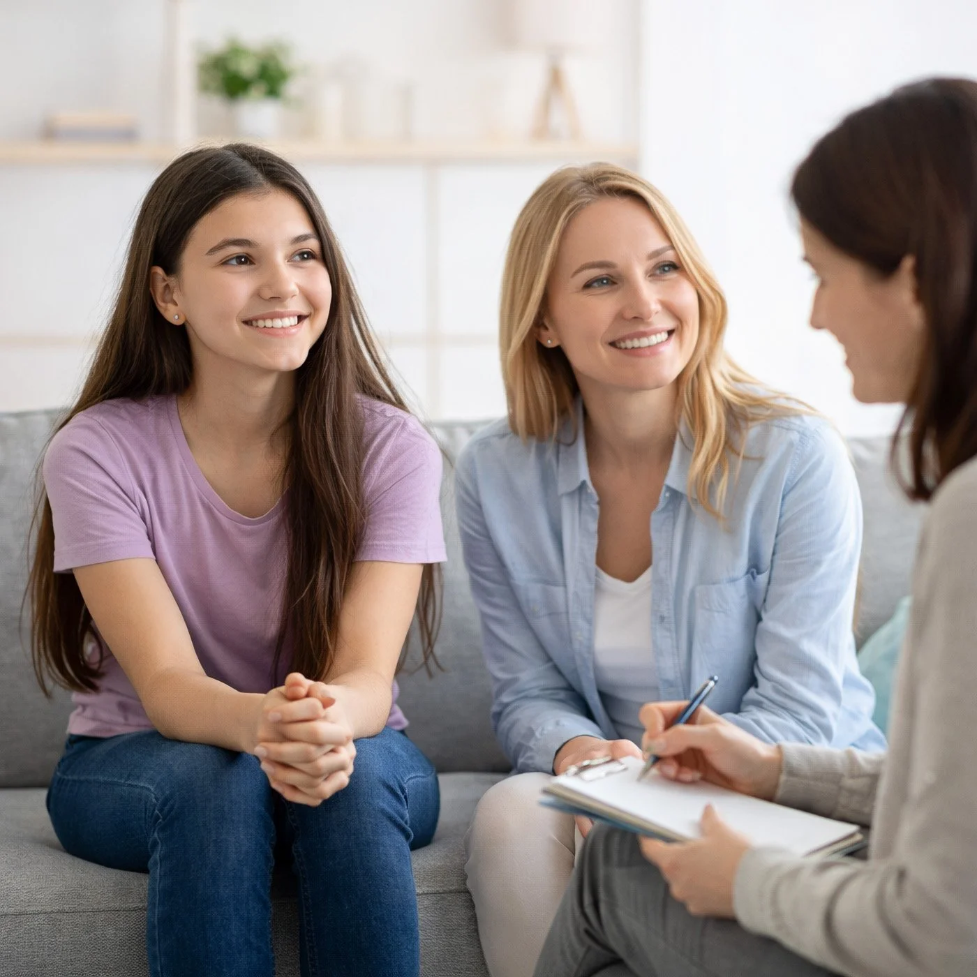 Parent and teen speaking with therapist during mental health insurance consultation in a calm office setting
