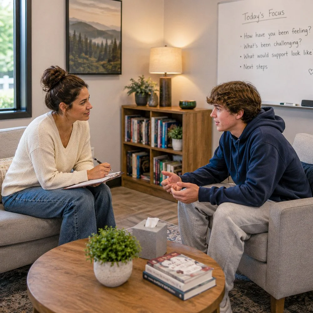 Teen meeting with a therapist during substance use treatment at Guide Behavioral Health in Menlo Park