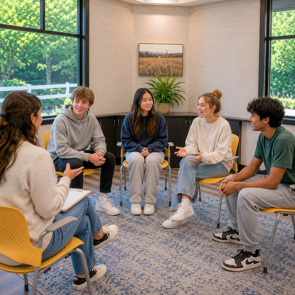Teen group therapy session at Guide Behavioral Health in Menlo Park