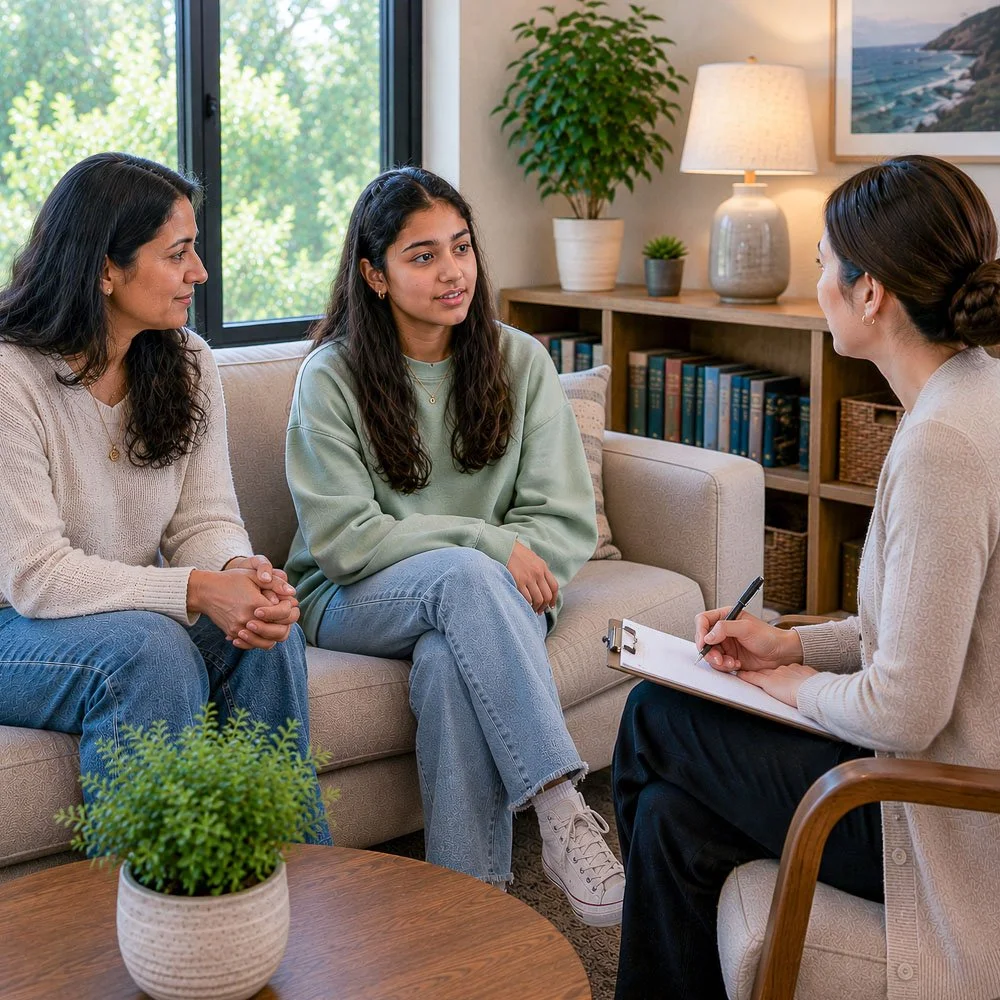Therapist meeting with a parent and teen during a counseling session