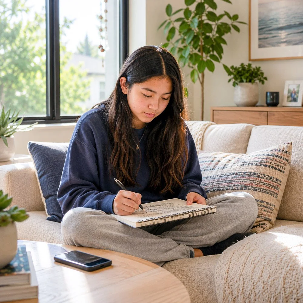 Teen journaling after setting aside her phone during technology dependence treatment in Menlo Park