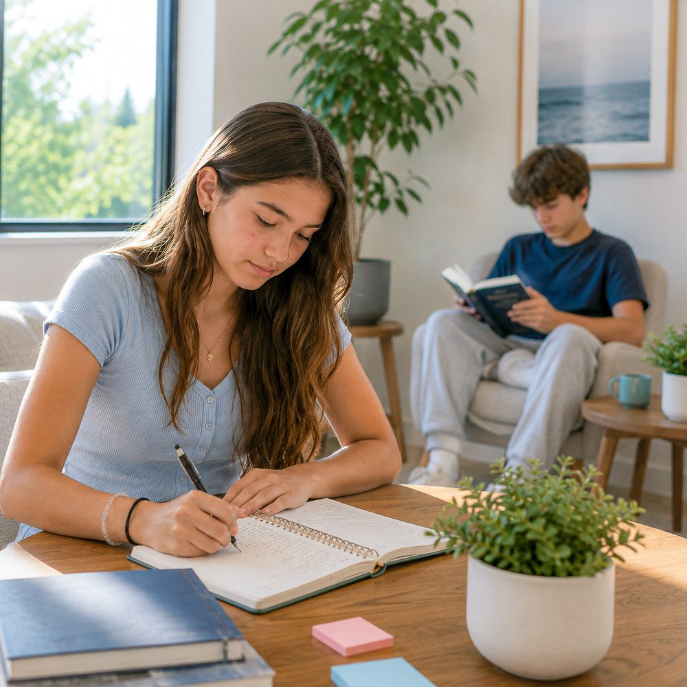 Teen working on school assignments during academic stress treatment at Guide Behavioral Health in Menlo Park