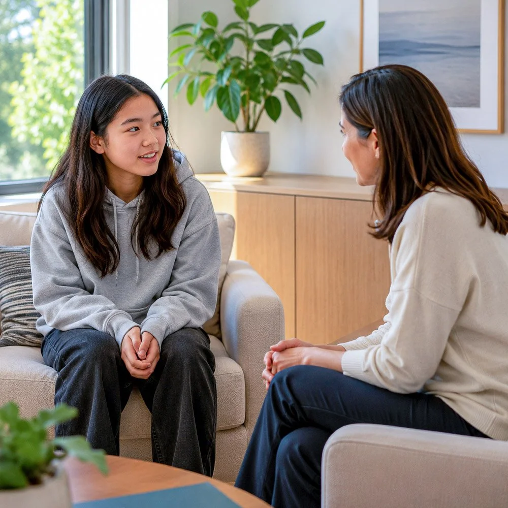 Teen talking with a therapist during depression treatment at Guide Behavioral Health in Menlo Park