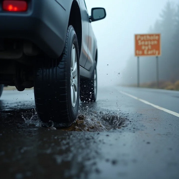 Car tire hitting pothole on rainy road