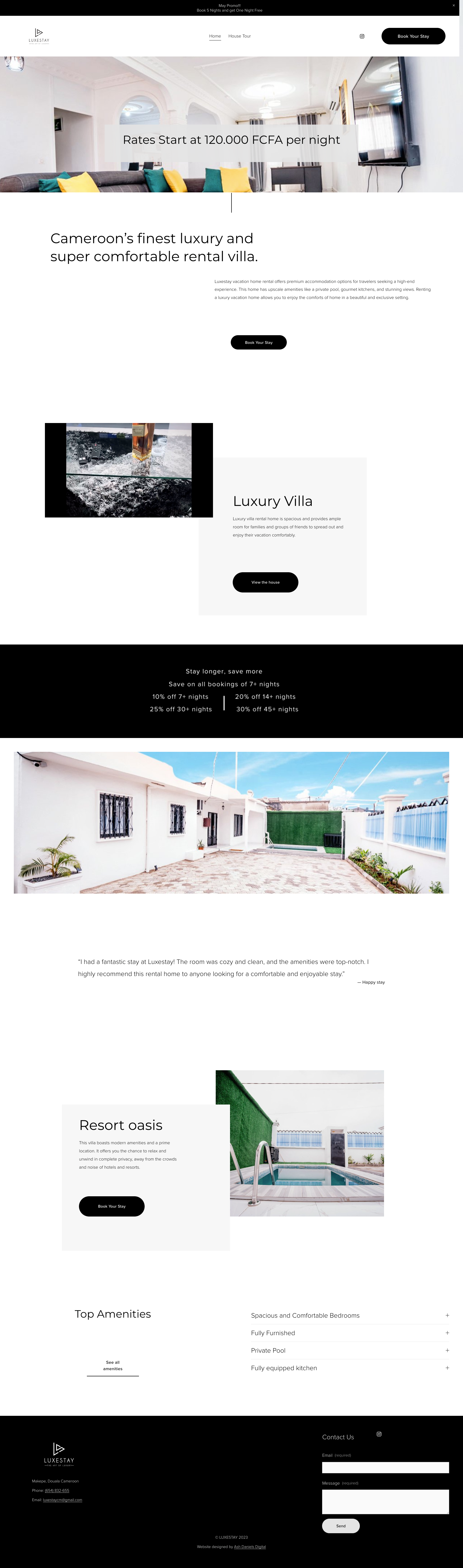 Website showcasing a luxury villa in Cameroon with accommodations, amenities, and booking options. Features include spacious rooms, private pool, and discounts for extended stays. Contact form and villa images included.