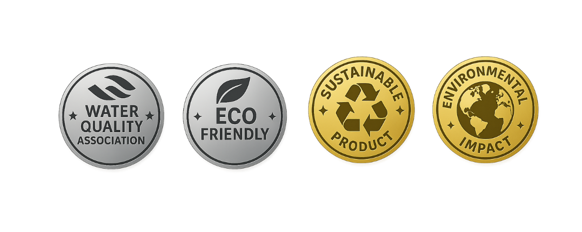 Four circular badges with eco-friendly themes. The first badge says 'Water Quality Association' with a wave symbol. The second says 'Eco Friendly' with a leaf symbol. The third says 'Sustainable Product' with a recycling symbol. The fourth says 'Environmental Impact' with a globe icon.