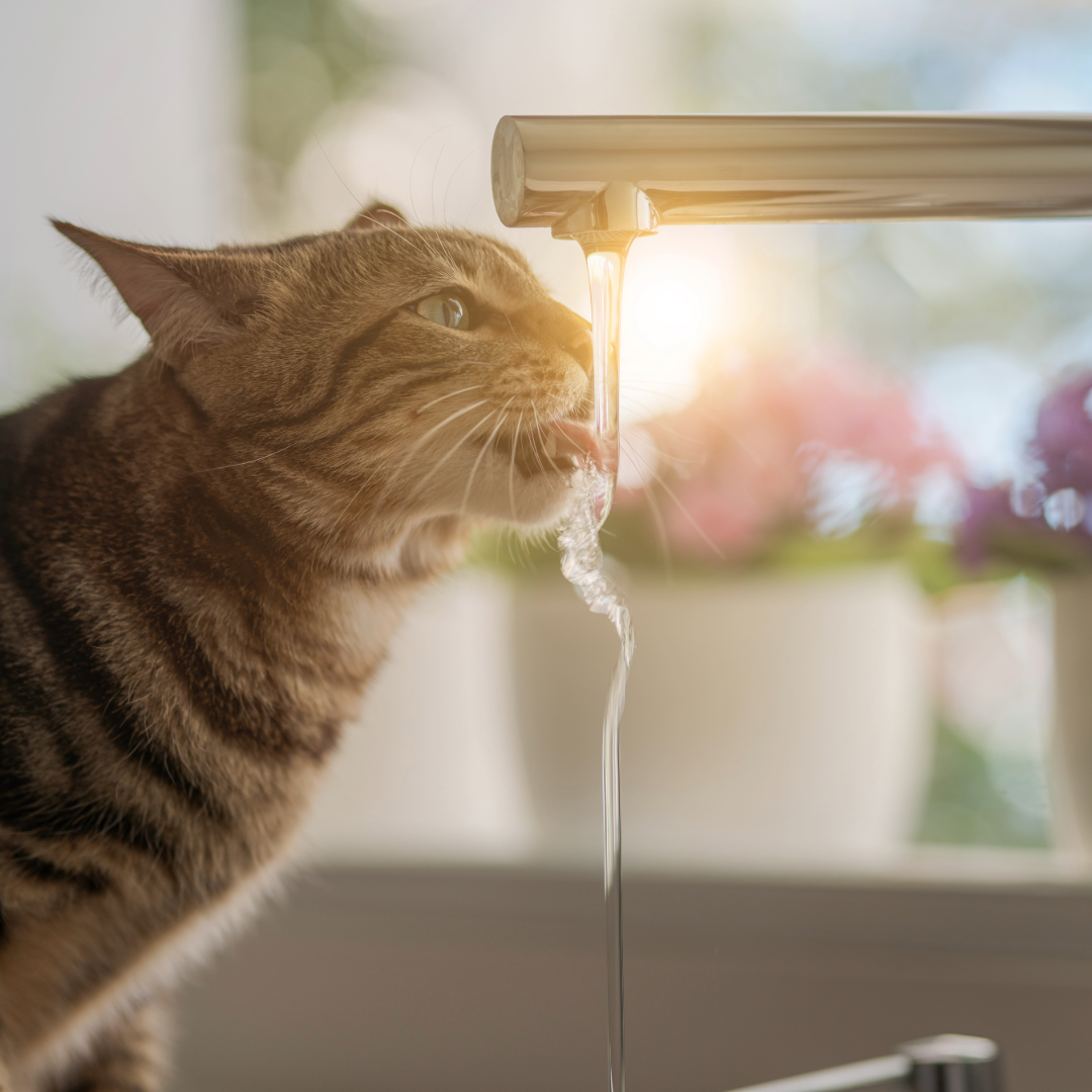 A tabby cat lapping water from a kitchen faucet with sunlight shining through a window in the background.