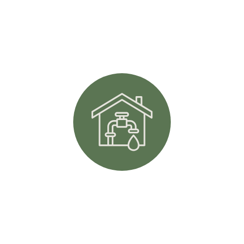 Icon of a house with plumbing, showing pipes, a faucet, and a water droplet in a green circle, representing plumbing or water service.
