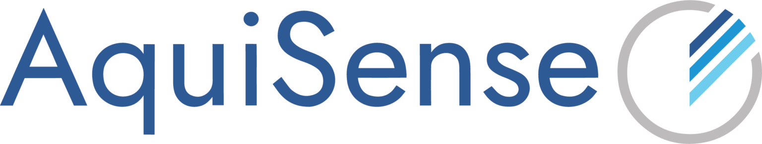 Logo of AquiSense, featuring the company name and a stylized circular icon with blue and black diagonal lines.