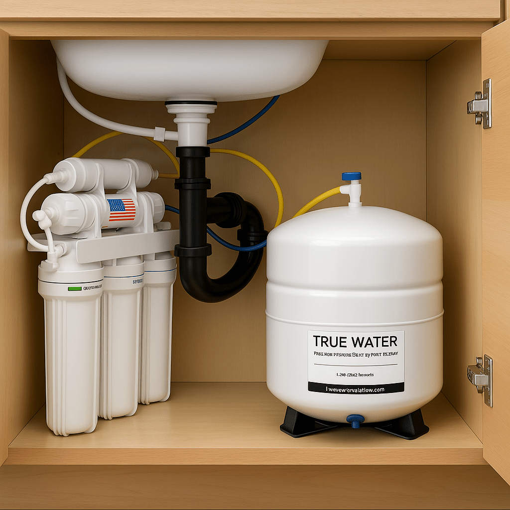 Under sink water filtration system including a reverse osmosis filter and a container labeled "True Water" for storing purified drinking water.