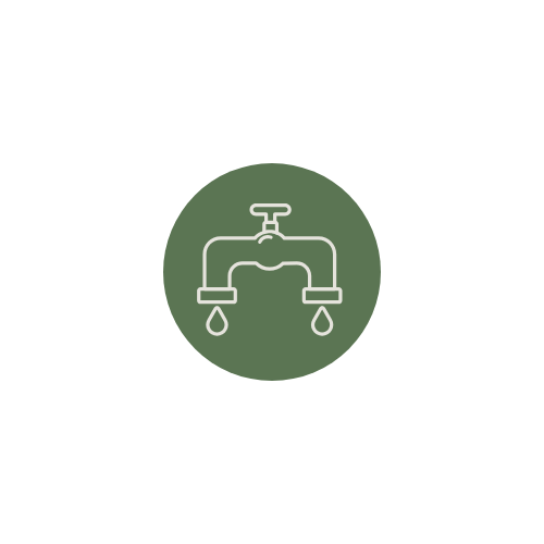 Icon of a water faucet with two drops falling from it, set against a green circular background.