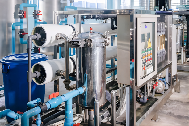 Industrial water filtration system with pipes, filters, and control panel in a facility.