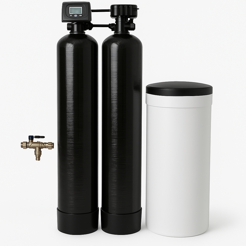 Water softener with black tanks, control valve, and a white brine tank.