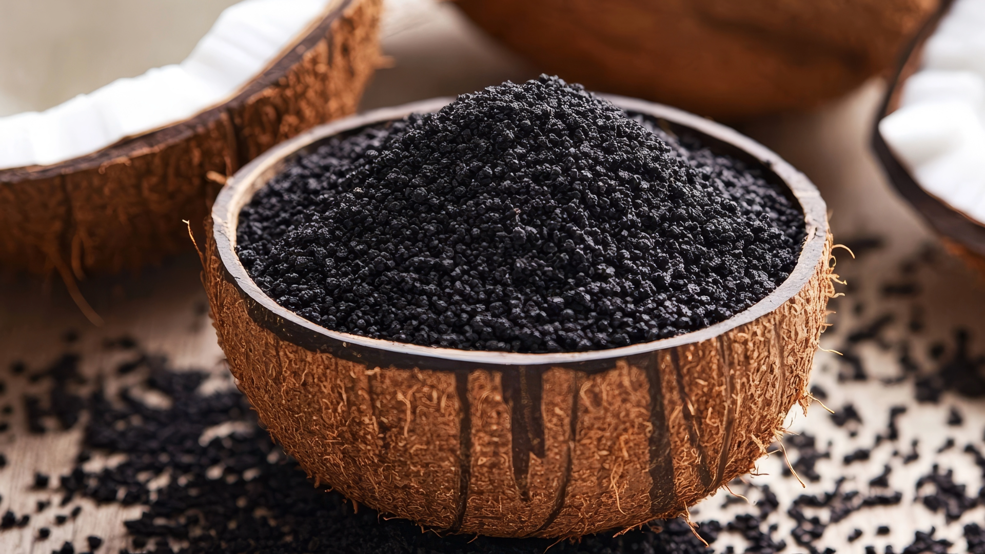 Close-up of a wooden bowl filled with black sesame seeds with some spilled on the surface beside it.