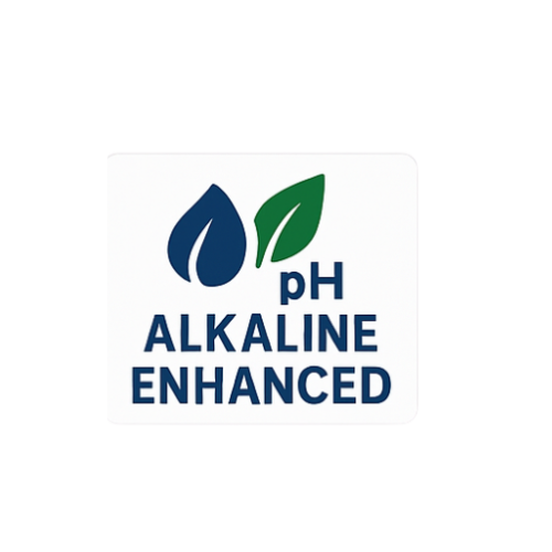 A label with a blue water droplet and a green leaf, indicating alkaline water, with text 'pH ALKALINE ENHANCED'.