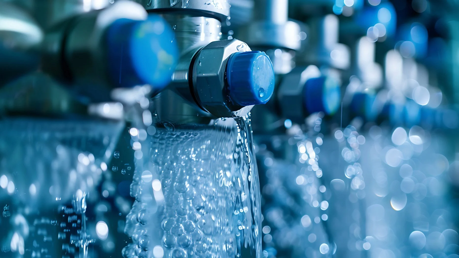 Close-up of a faucet with water flowing out, surrounded by a row of similar faucets, creating a blurry, bokeh background.