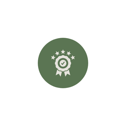 A black icon of a person holding a certificate, with a green badge featuring a checkmark and five stars below.