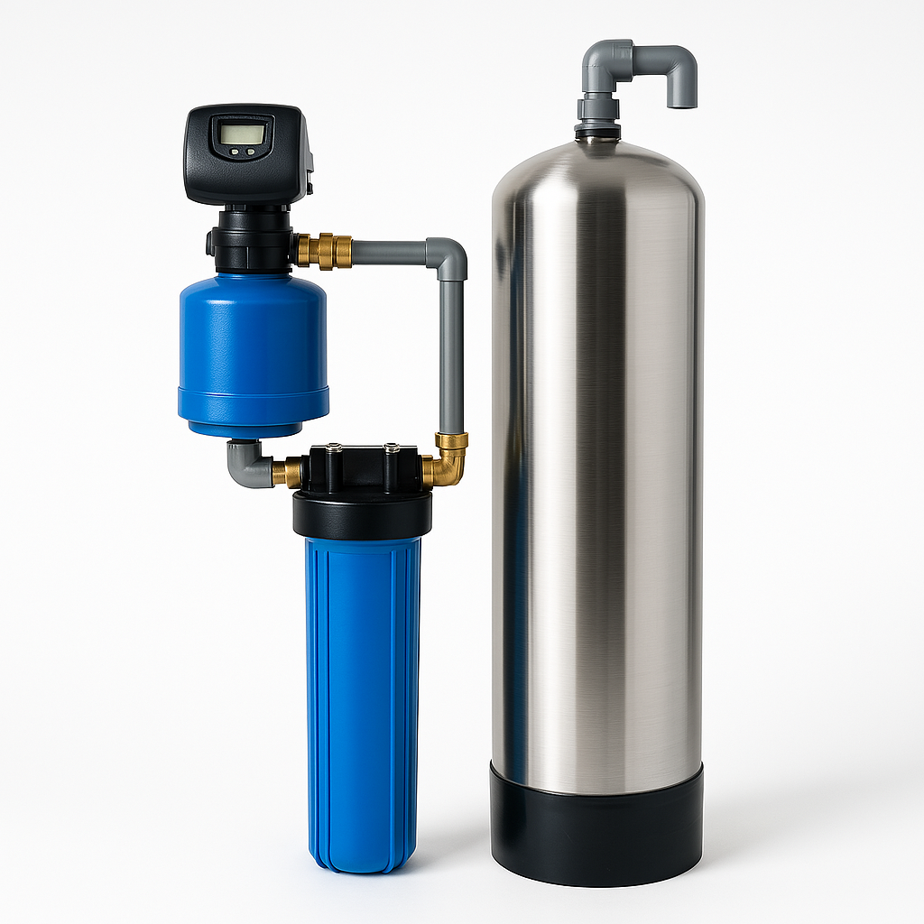 Water filtration system with a blue filter, a digital control valve, and a large stainless steel tank.
