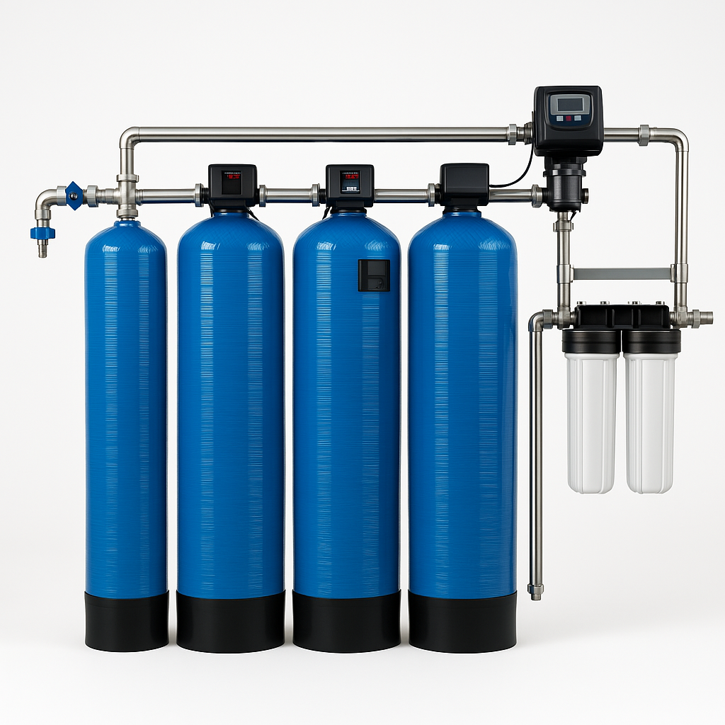 Water treatment system with four blue tanks, gauges, and filtration units.
