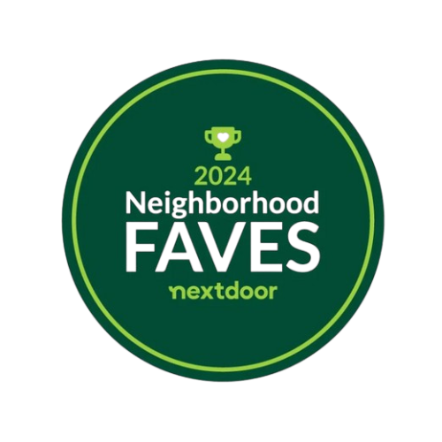 A circular green badge with a yellow trophy at the top, the year 2024 underneath it, and text reading "Neighborhood FAVES nextdoor" inside.