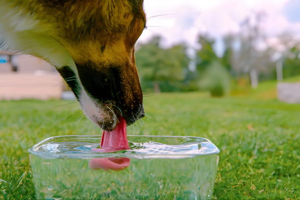 Dog drinking water from a glass bowl in a grassy yard.
