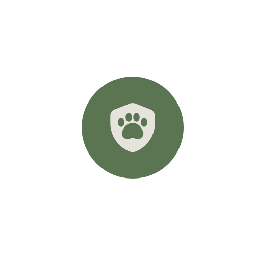 A black and white icon of a dog with a paw print inside a shield.