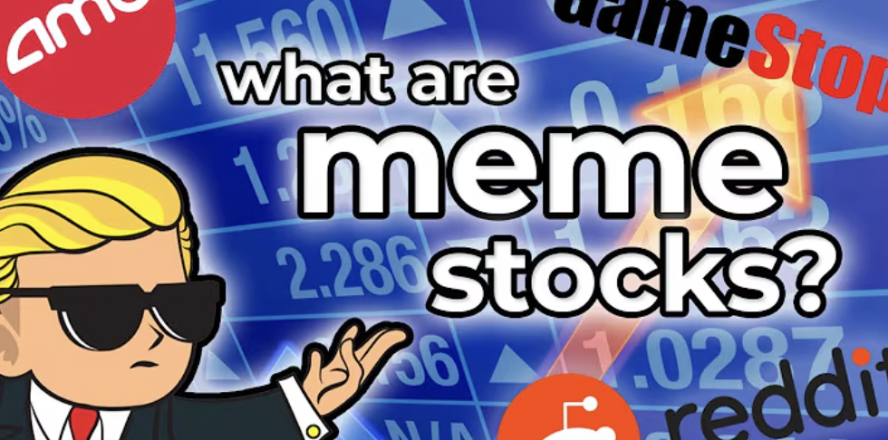 Illustration featuring a cartoon figure in sunglasses, with text "what are meme stocks?" and logos of AMC, GameStop, and Reddit, set against a background of stock market numbers.
