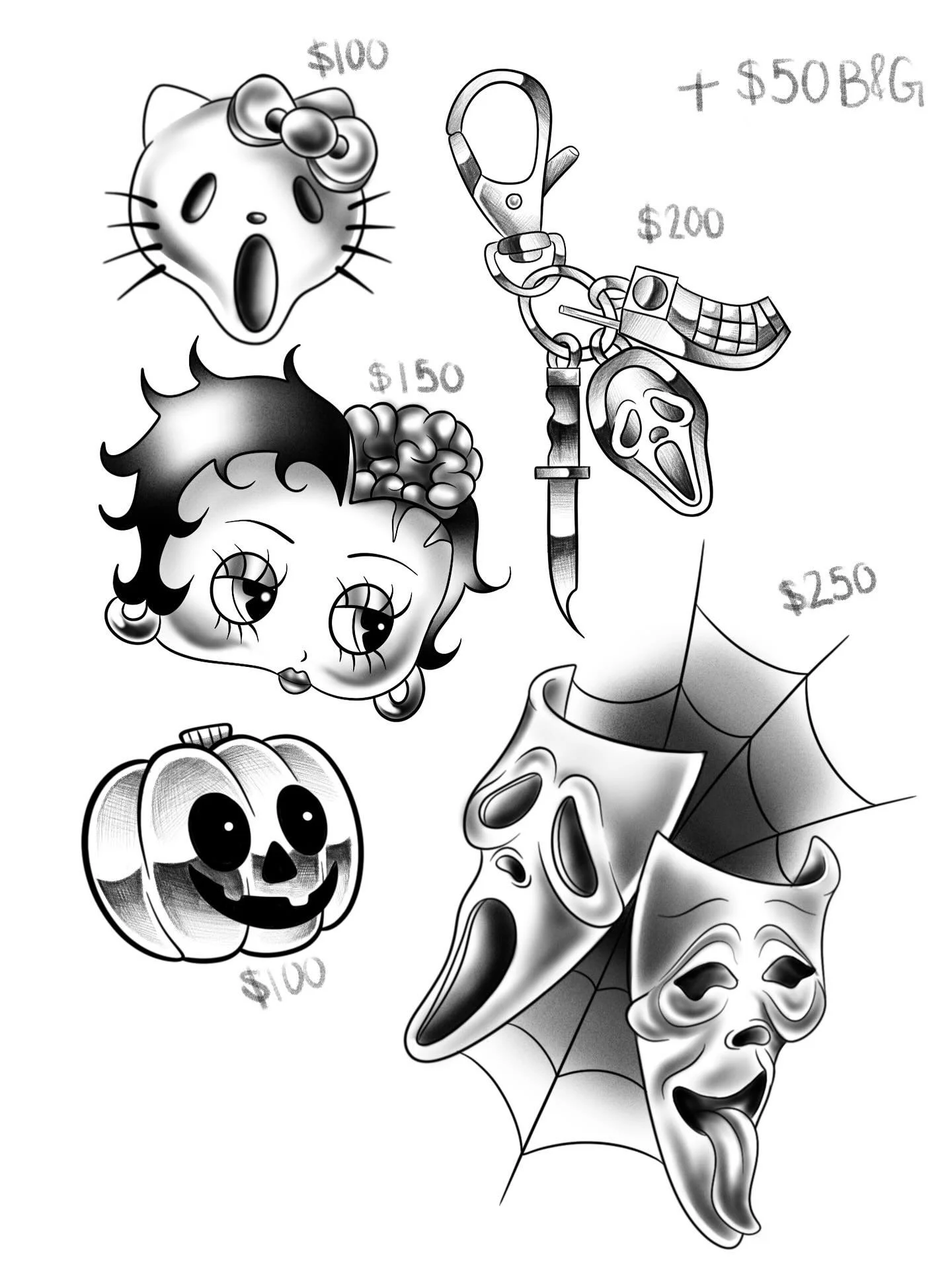 Vale&rsquo;s flash for the Halloween event ! 🎭🎃 She won&rsquo;t be with us for the event but she encourages you to get the designs if they catch your eye! 

Halloween event is this week on the 31st and 1st! Check out the shop page for more flash an