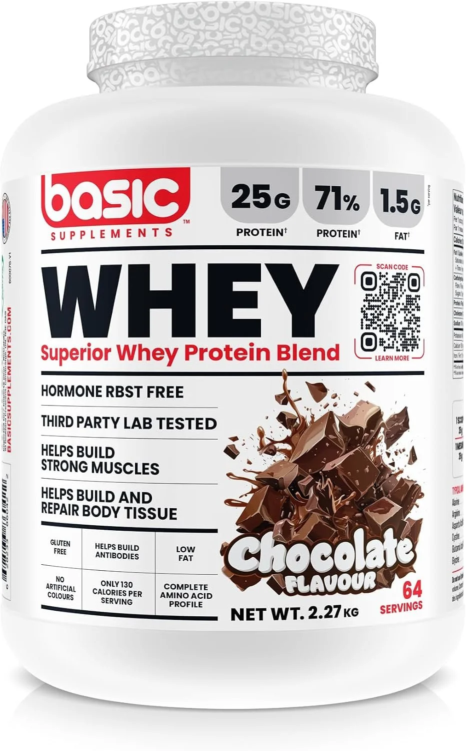 BASIC Whey Chocolate protein powder, 5 lb tub