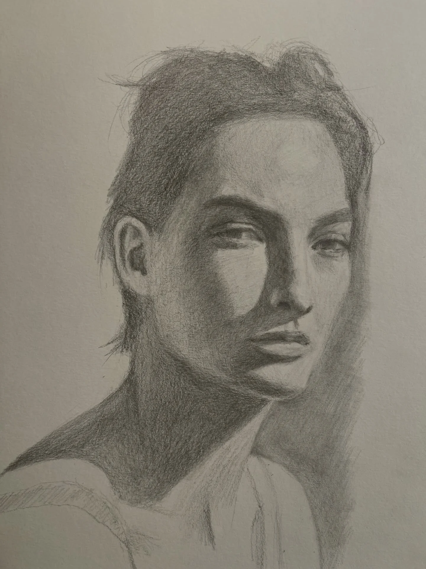 Day 90. Loved the defiant, androgynous look of this person staring down the viewer; an invitation, a challenge&hellip; #portrait #headstudy #aportraitaday #art