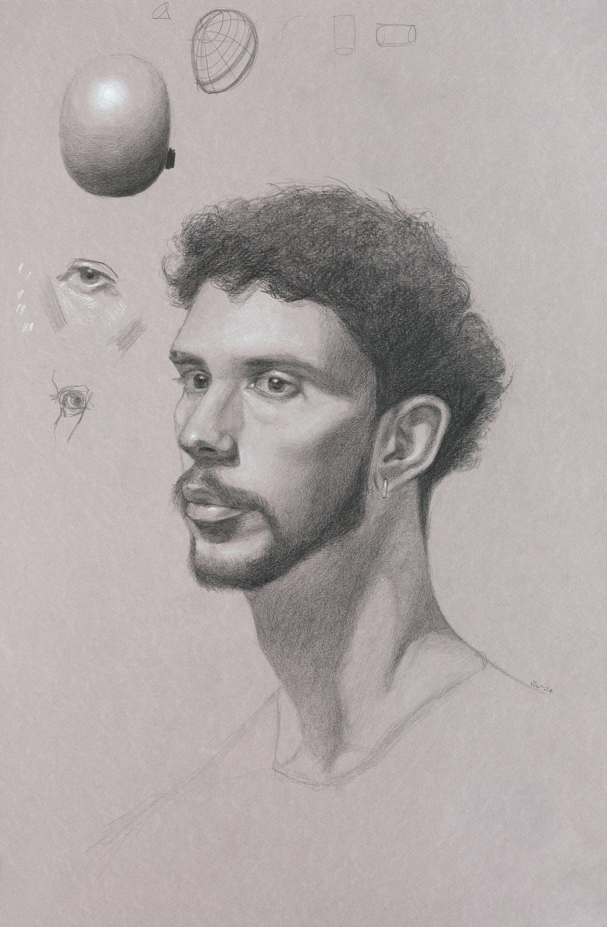Hand drawing of a young mixed-race man done in a realistic style in graphite and white chalk on toned and textured paper.