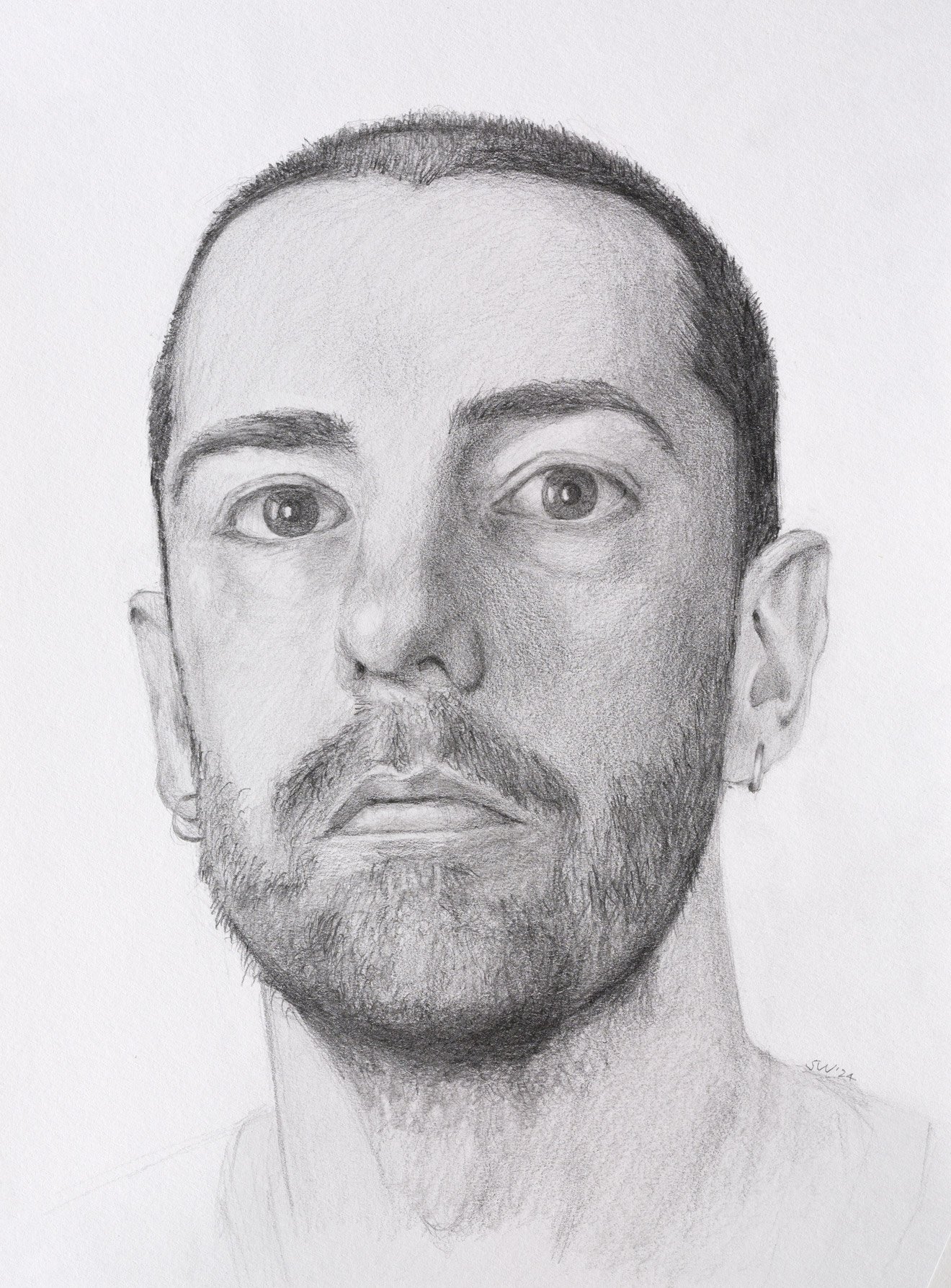 Hand drawing of a young man with shaved hair, looking directly at the viewer with a neutral look.