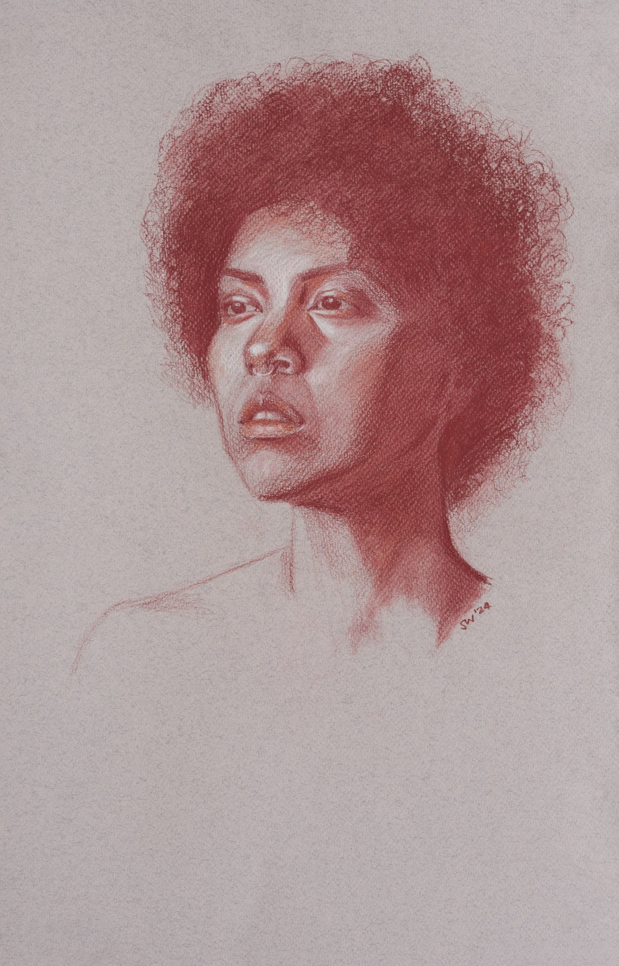 Hand drawing of a young black woman done in red pencil and white chalk on grey textured paper.