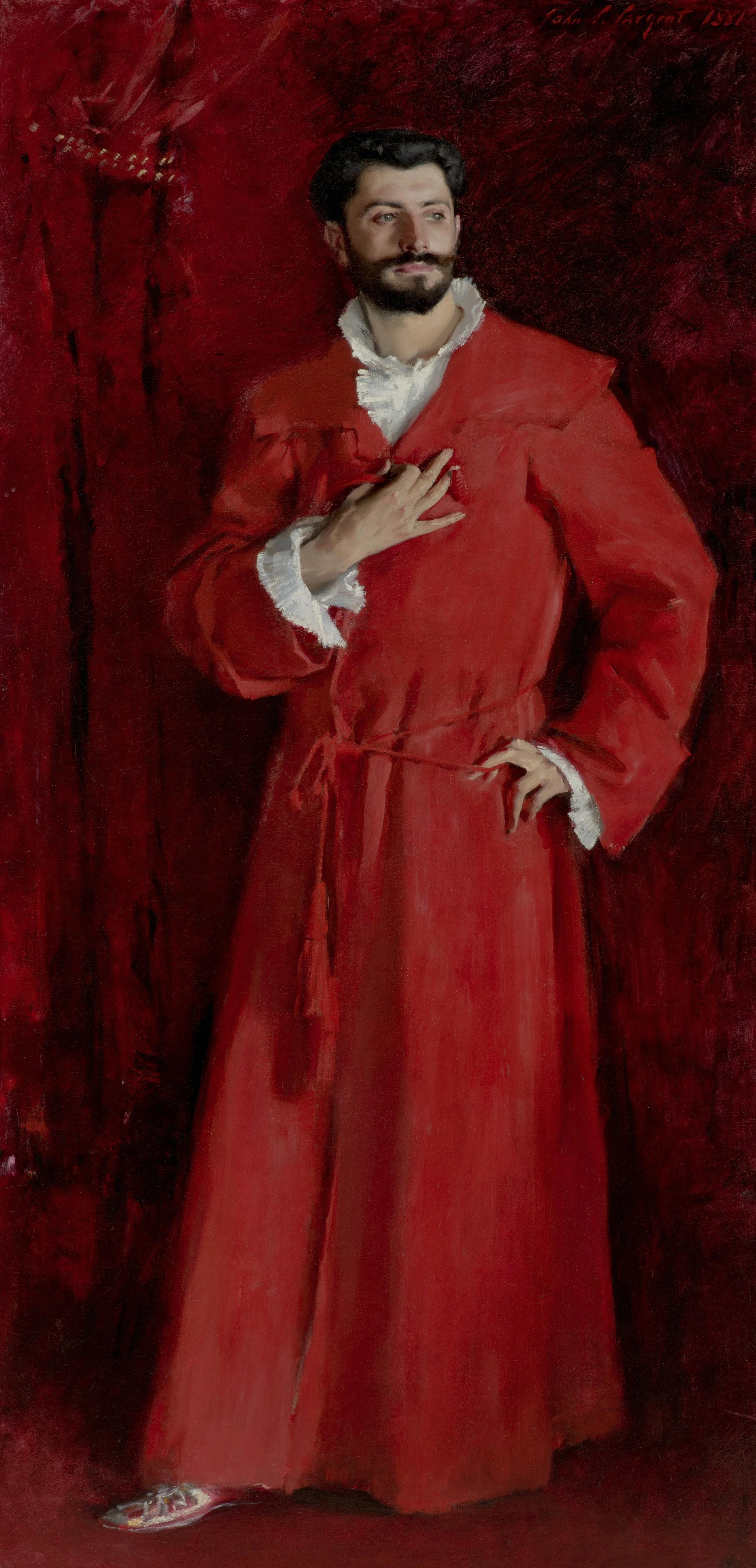 Painting of a handsome man with a beard wearing a long red coat.