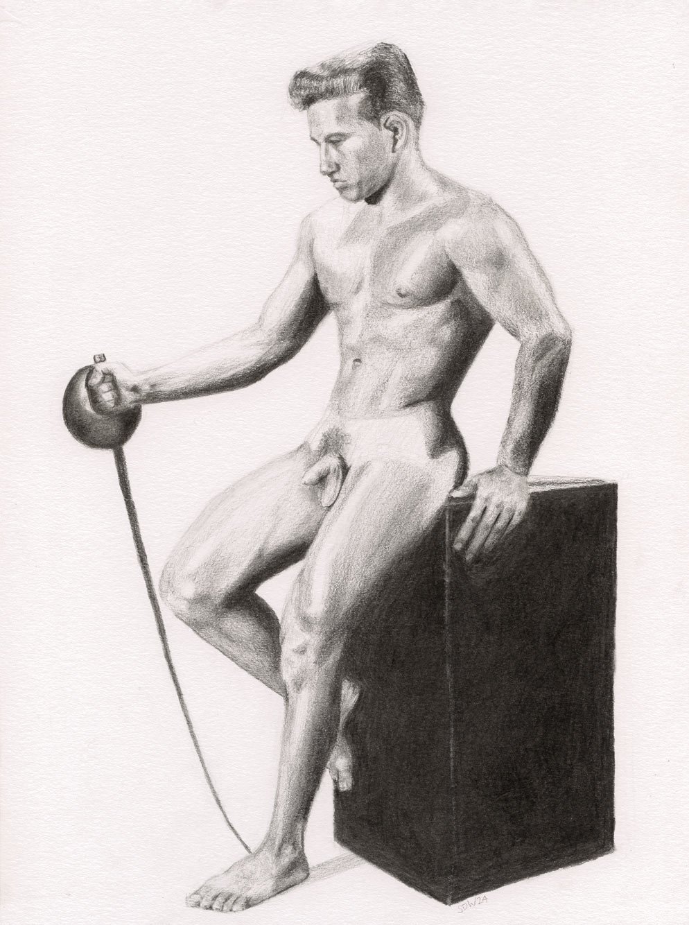 Hand drawing of a glistening nude male body drawn in graphite on paper.