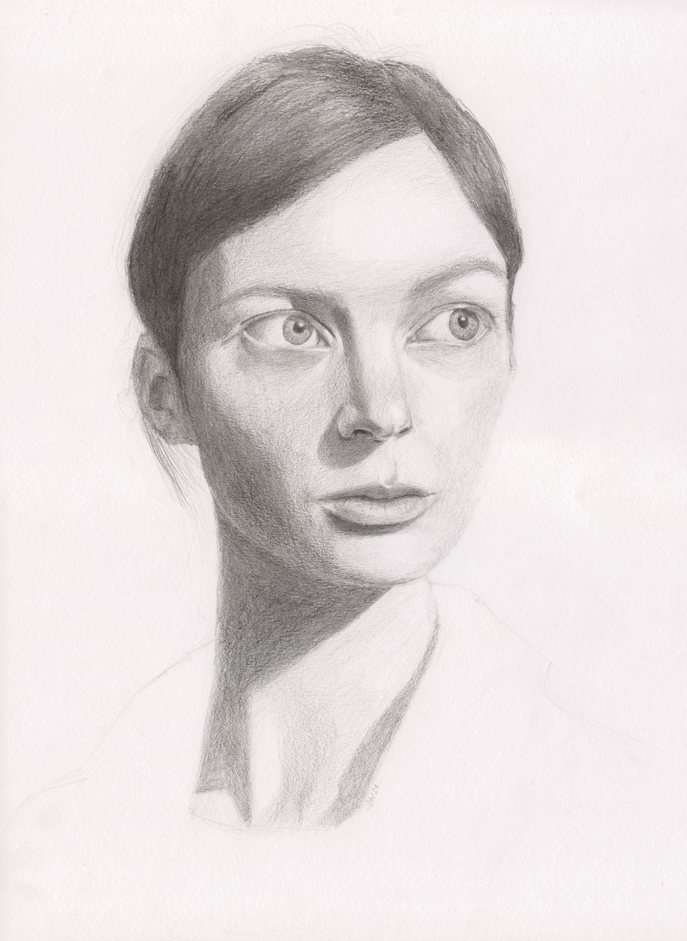 Hand drawing in graphite of a white woman with large eyes looking to the side..