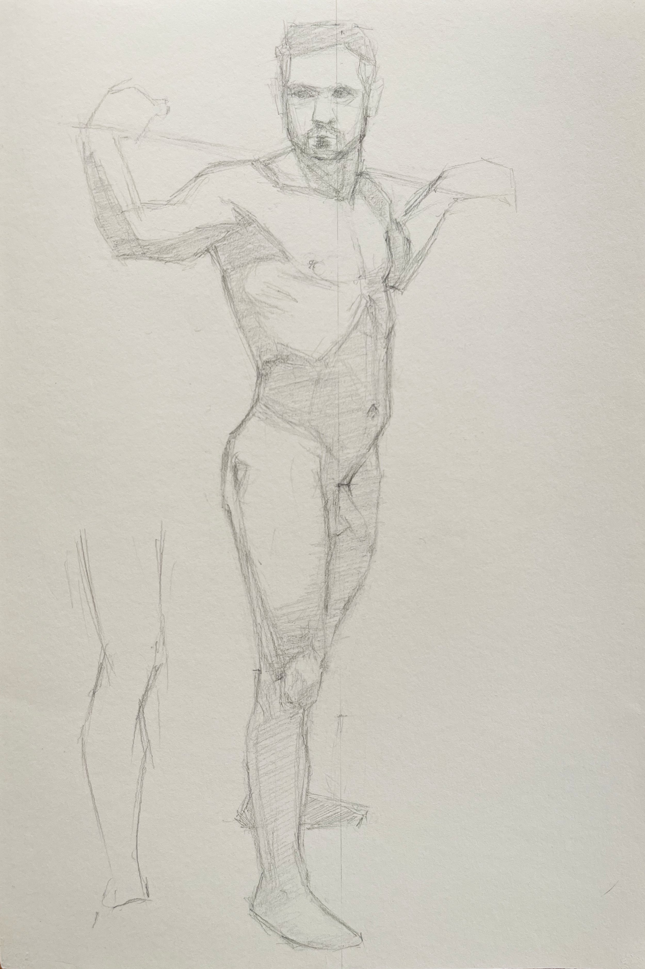 Hand-drawn sketch of a nude man with strong shadows and bright highlights.