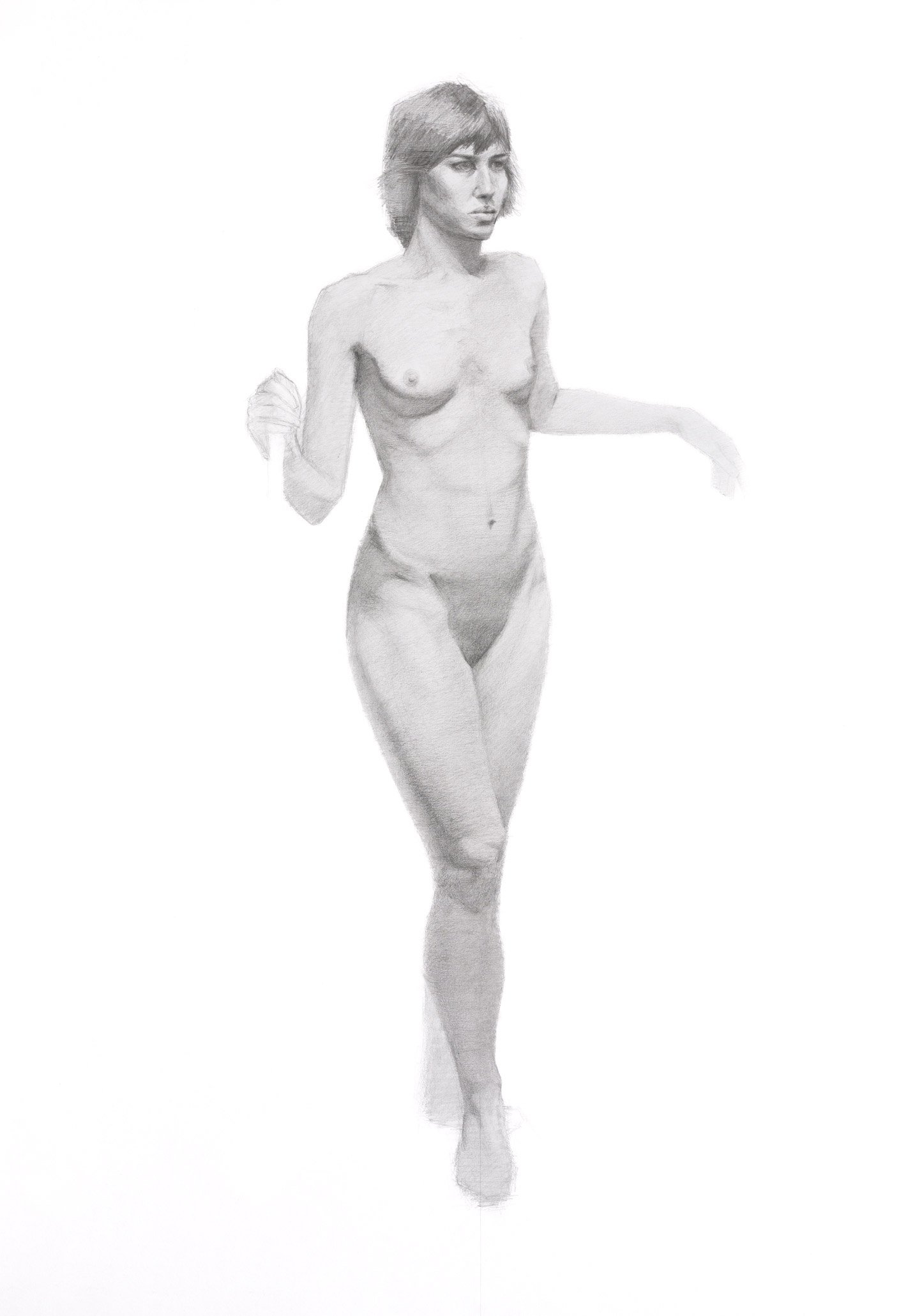 Graphite drawing of a young nude white woman, turned to the right of the picture-plane, looking to the distance.