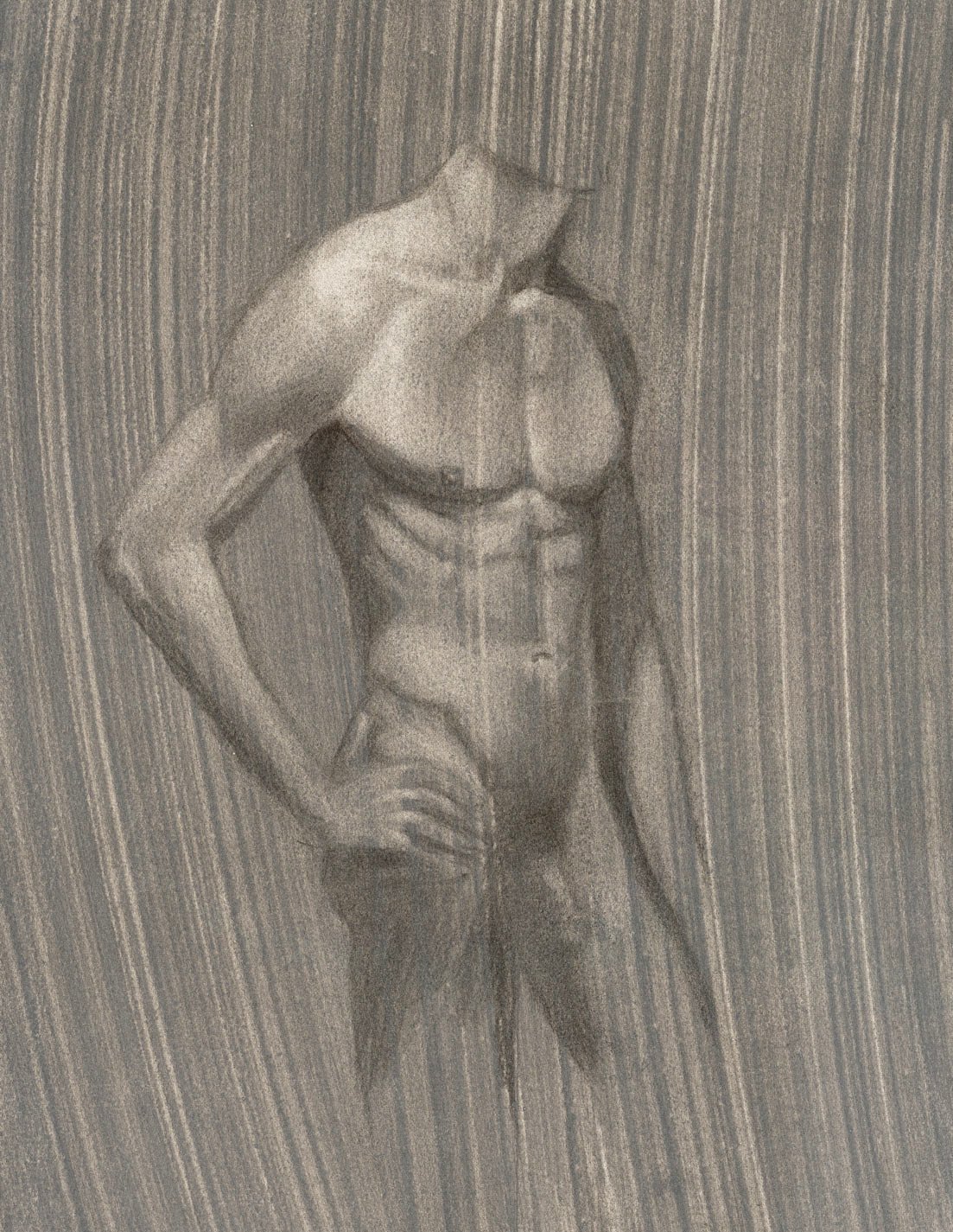 Hand drawing of a nude male torso drawn by erasing graphite from heavyweight watercolour paper.