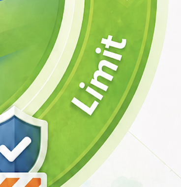 Close-up of a green and white flag with the word 'Limit' and a checkmark symbol.