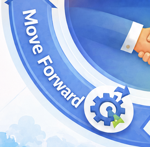 Illustration of a handshake, with a circular arrow and gear icon, and the words 'Move Forward' in a blue curved banner.