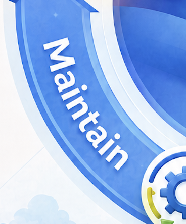 Close-up of a circular digital design with the word 'Maintain' and gear icons.
