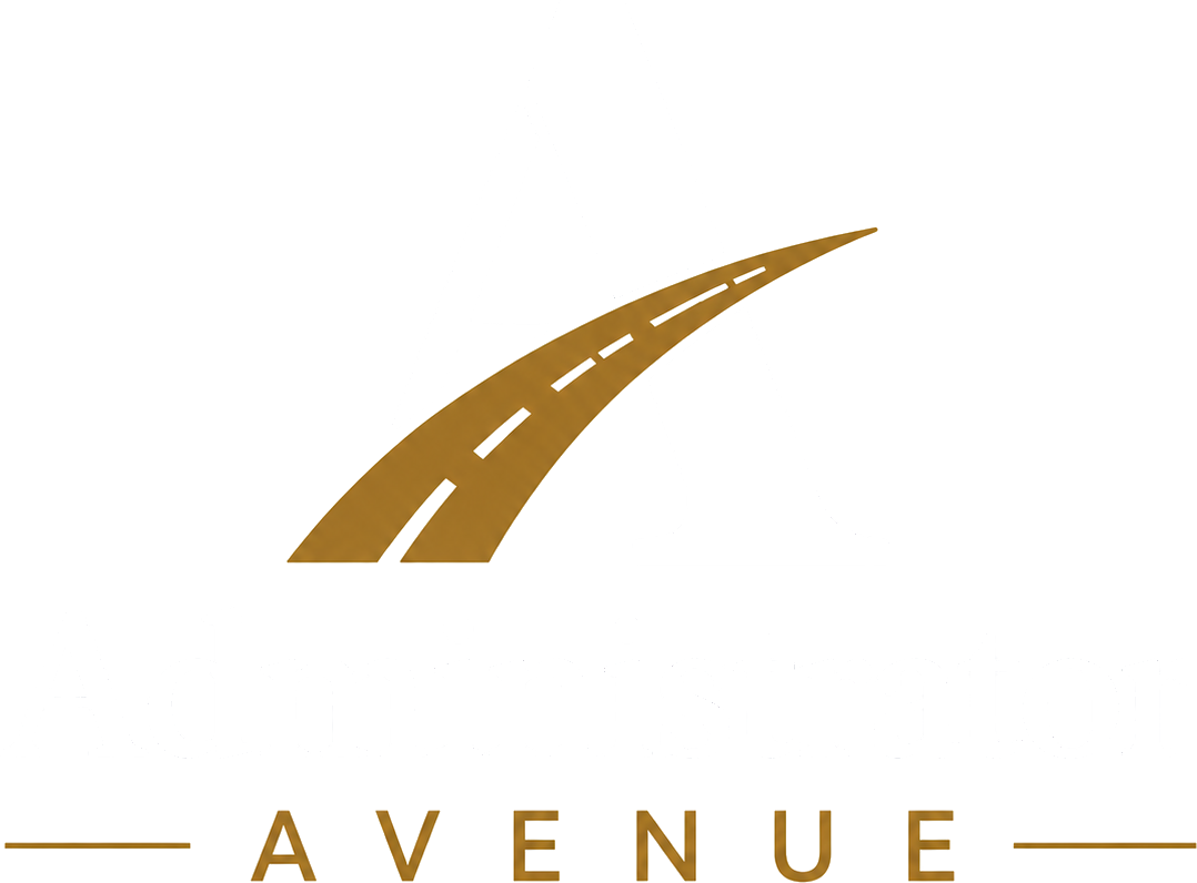 Logo with a curved road over a globe and the words "Adventure Avenue" in stylized fonts.