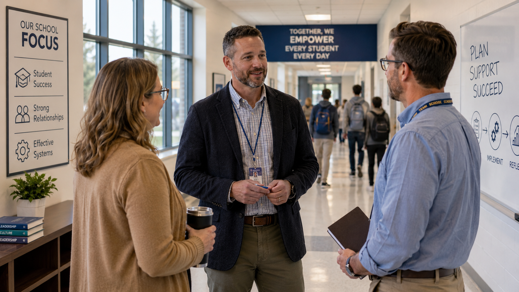 School administrator having a calm, focused conversation with staff in a bright school hallway, representing supportive leadership, clear systems, and collaboration in education.
