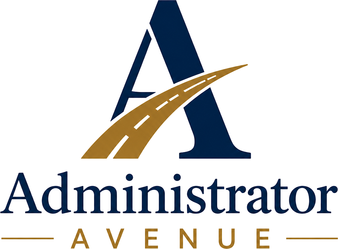 Logo with a large stylized letter A, a road, and the words 'Administrator Avenue'