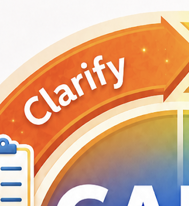 Close-up of a colorful infographic with the word 'Clarify' in white text on an orange background, featuring arrows and flowchart elements.