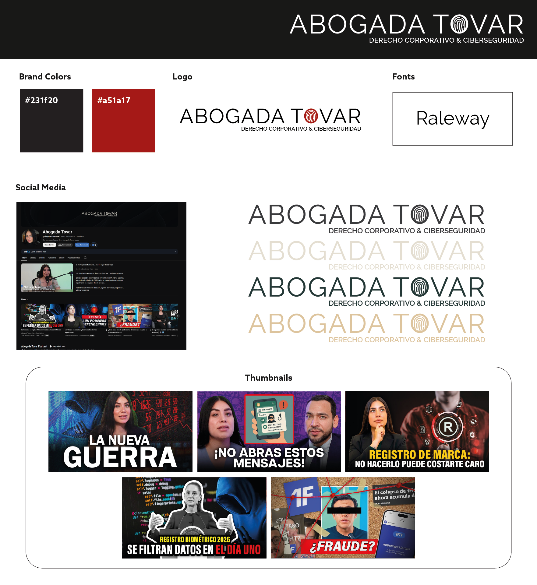 Brand color palette, logo with fingerprint icon, font sample, social media page preview, and a thumbnail grid featuring various digital security and cybersecurity-related images.