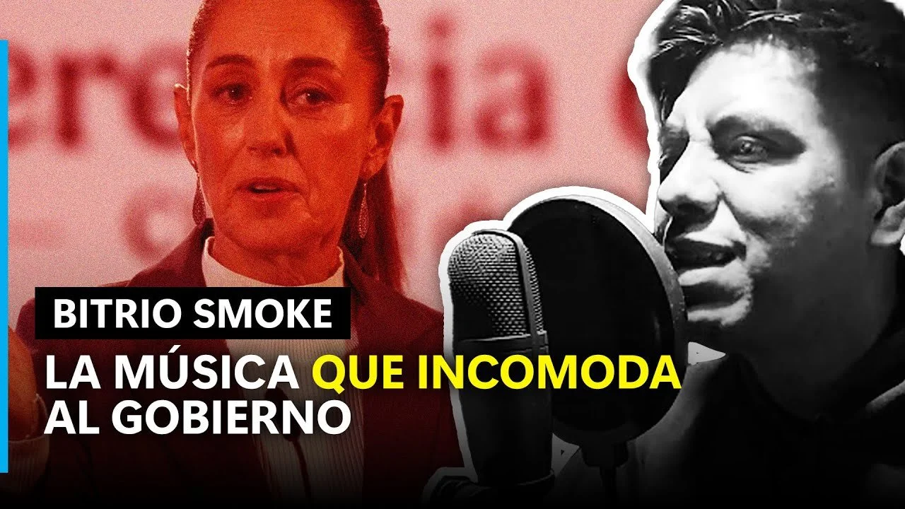 Split image of a woman speaking at a podium and a man singing into a microphone, with text overlay reading 'Bitriо Smoke: La música que incomoda al gobierno'.