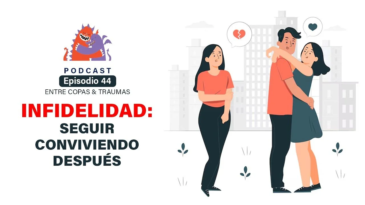 Podcast episode cover featuring an illustration of a couple embracing with a sad woman nearby, and text about infidelity, trust, and trauma.